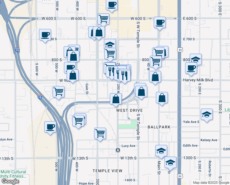 map of restaurants, bars, coffee shops, grocery stores, and more near 932 200 West in Salt Lake City