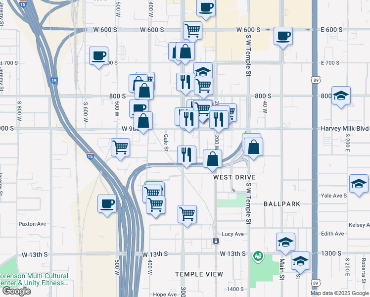 map of restaurants, bars, coffee shops, grocery stores, and more near 924 300 West in Salt Lake City