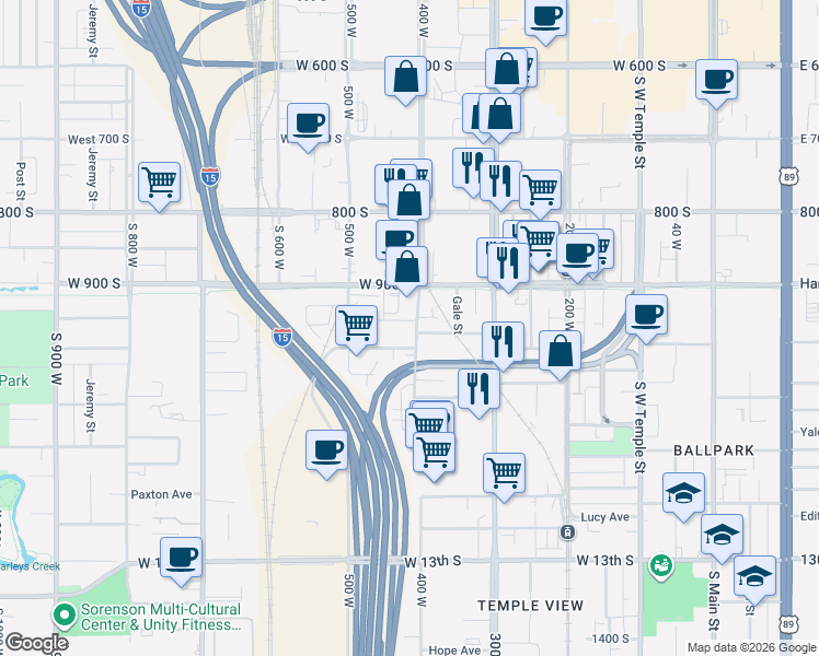 map of restaurants, bars, coffee shops, grocery stores, and more near in Salt Lake City