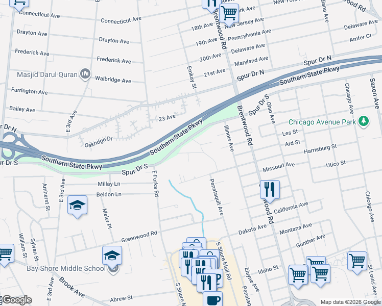 map of restaurants, bars, coffee shops, grocery stores, and more near 19 Pinebrook Place in Bay Shore