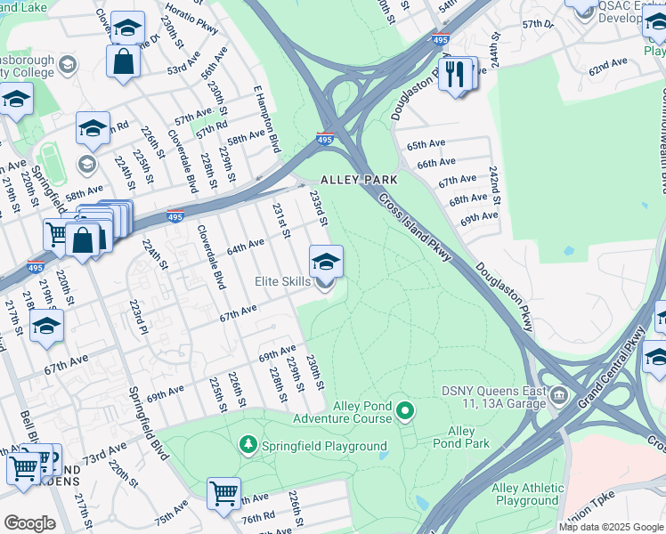 map of restaurants, bars, coffee shops, grocery stores, and more near 50 233rd Street in Queens