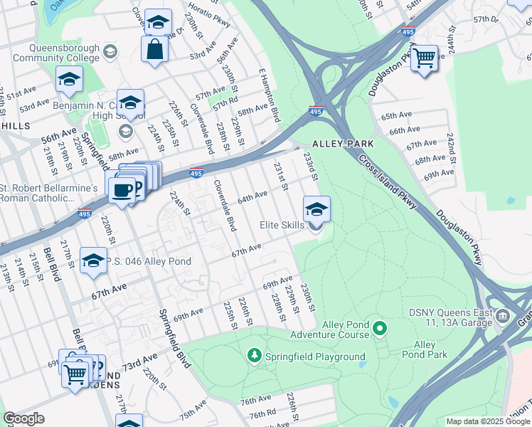 map of restaurants, bars, coffee shops, grocery stores, and more near 67-14 230th Street in Queens