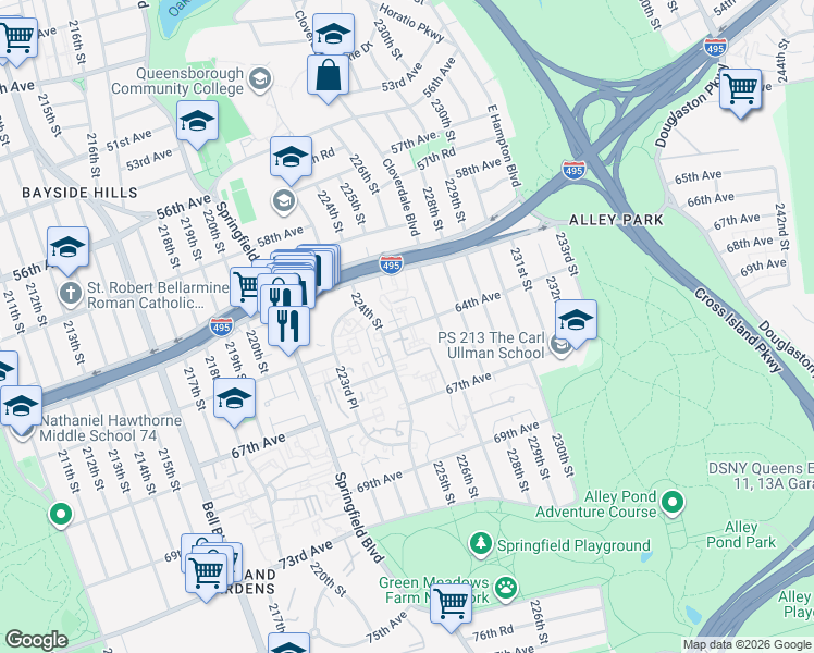 map of restaurants, bars, coffee shops, grocery stores, and more near 224-33 64th Avenue in Queens