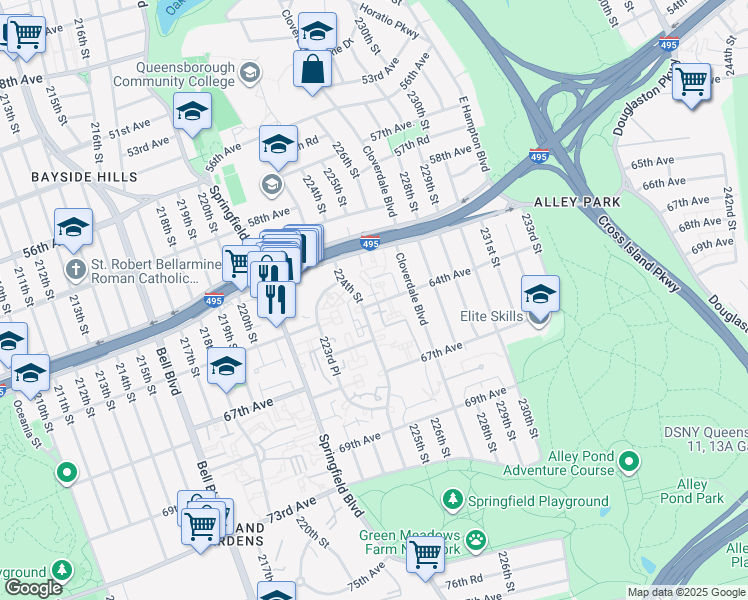 map of restaurants, bars, coffee shops, grocery stores, and more near 224-33 64th Avenue in Queens