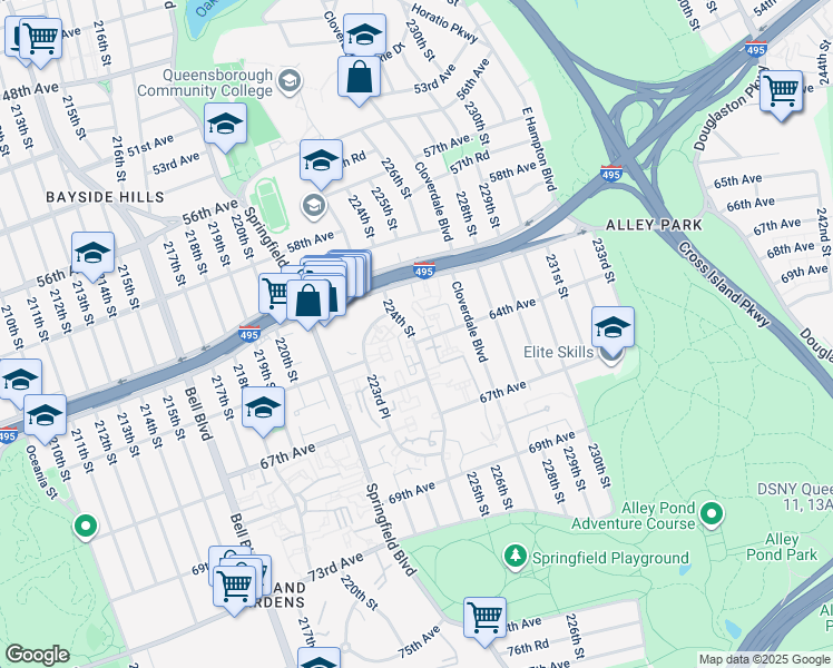 map of restaurants, bars, coffee shops, grocery stores, and more near 224-33 64th Avenue in Queens