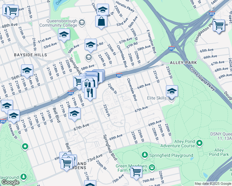 map of restaurants, bars, coffee shops, grocery stores, and more near 224-33 64th Avenue in Queens