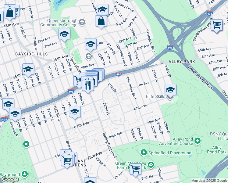 map of restaurants, bars, coffee shops, grocery stores, and more near 6119 223rd Place in Queens