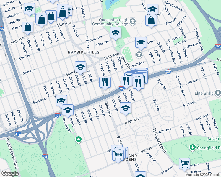 map of restaurants, bars, coffee shops, grocery stores, and more near 58-27 217th Street in Queens
