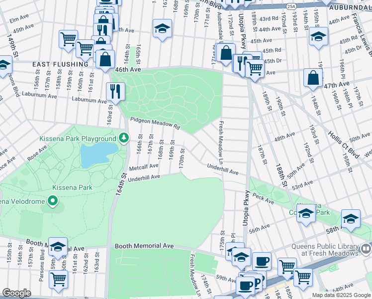 map of restaurants, bars, coffee shops, grocery stores, and more near 47-31 169th Street in Queens
