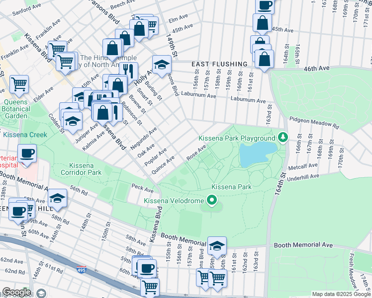 map of restaurants, bars, coffee shops, grocery stores, and more near 143-20 Poplar Avenue in Queens