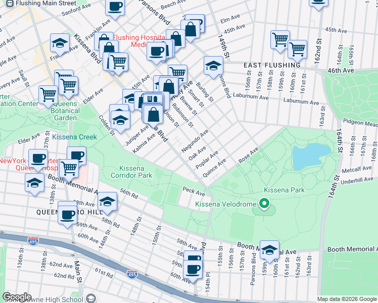 map of restaurants, bars, coffee shops, grocery stores, and more near 141-08 Negundo Avenue in Queens