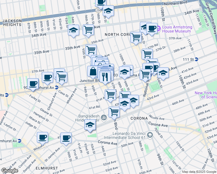 map of restaurants, bars, coffee shops, grocery stores, and more near 40-05 Junction Boulevard in Queens