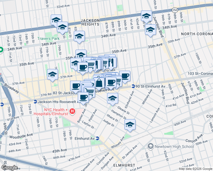 map of restaurants, bars, coffee shops, grocery stores, and more near 37-35 85th Street in Queens