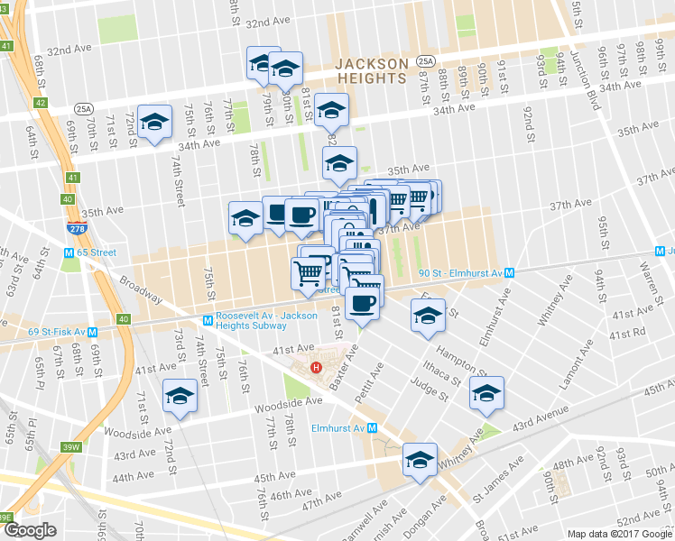 map of restaurants, bars, coffee shops, grocery stores, and more near 3703 82nd Street in Queens