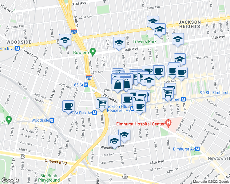 map of restaurants, bars, coffee shops, grocery stores, and more near 7227 37th Avenue in Queens