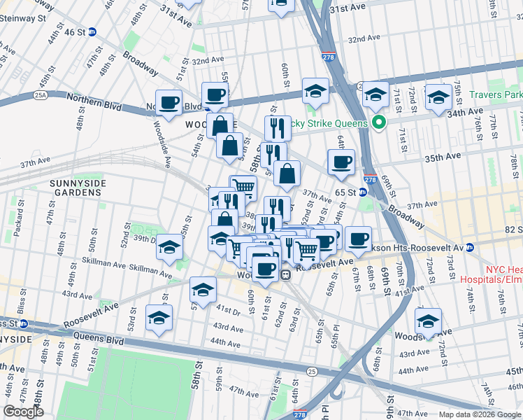 map of restaurants, bars, coffee shops, grocery stores, and more near 37-27 59th Street in Queens