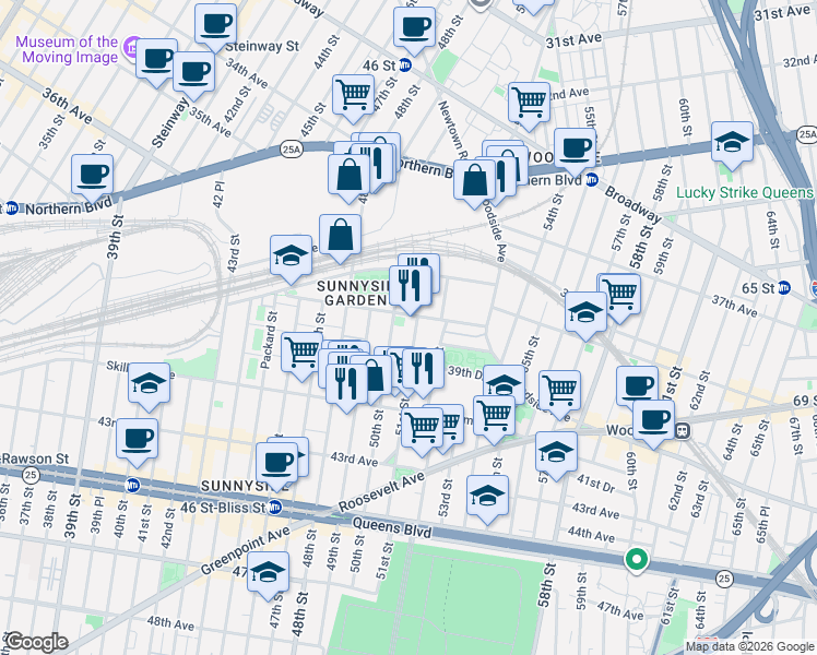 map of restaurants, bars, coffee shops, grocery stores, and more near 5101 39th Avenue in Queens