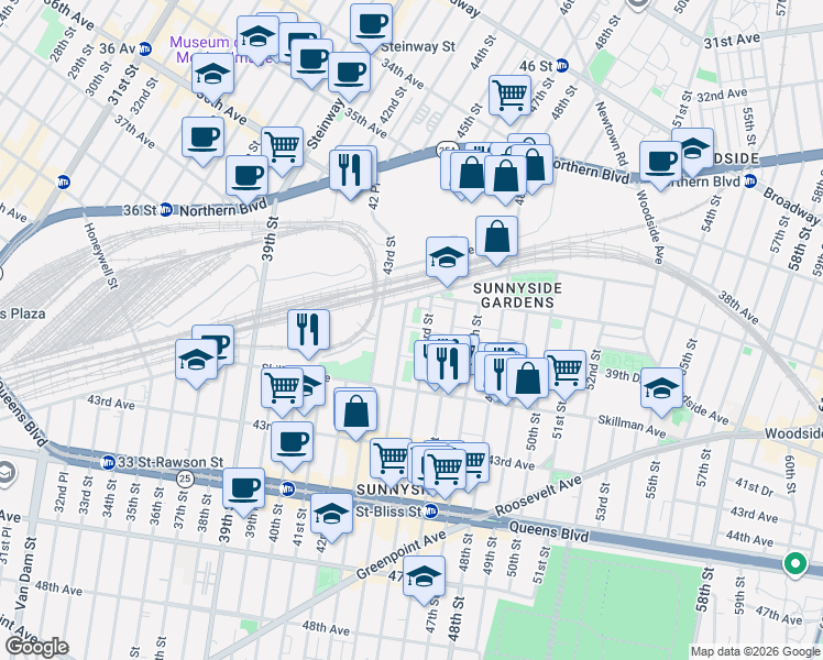 map of restaurants, bars, coffee shops, grocery stores, and more near 39-16 Packard Street in Queens
