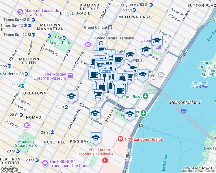 map of restaurants, bars, coffee shops, grocery stores, and more near 591 Third Avenue in New York