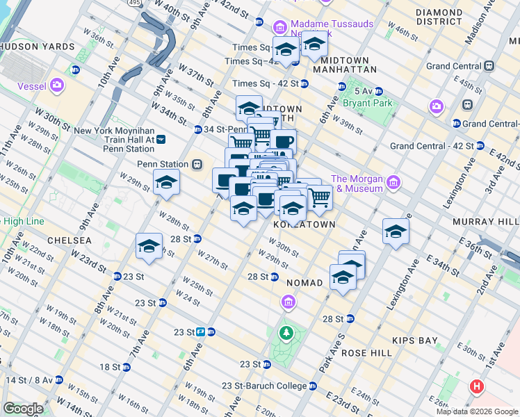 map of restaurants, bars, coffee shops, grocery stores, and more near 894 6th Avenue in New York