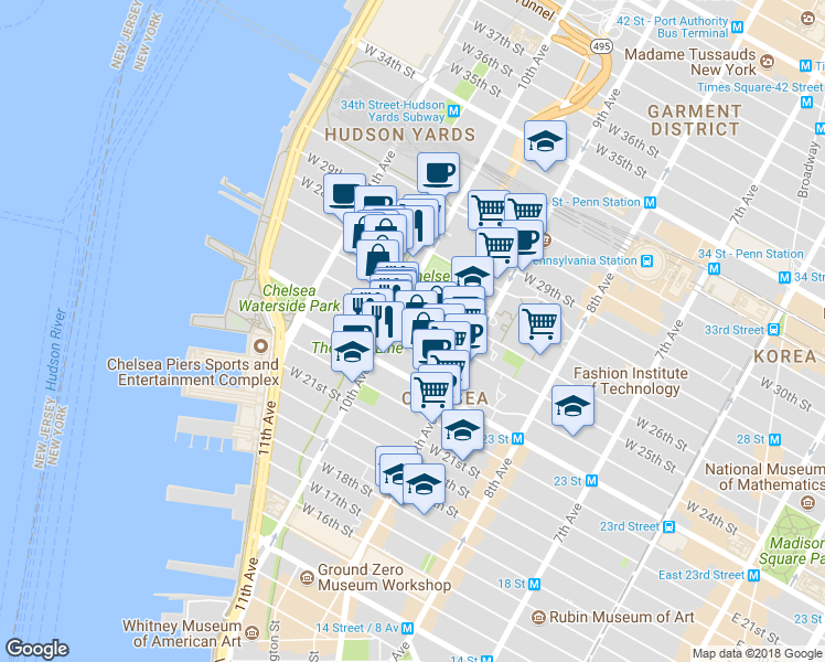map of restaurants, bars, coffee shops, grocery stores, and more near in New York