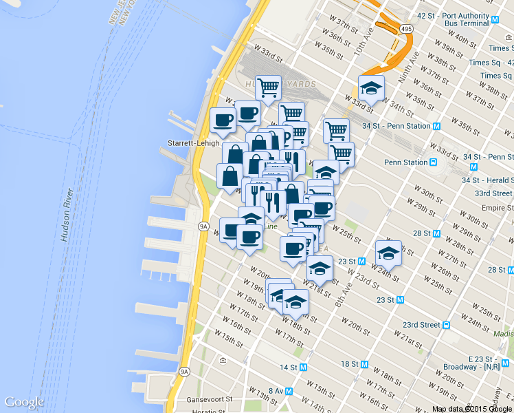 map of restaurants, bars, coffee shops, grocery stores, and more near 249 10th Avenue in New York