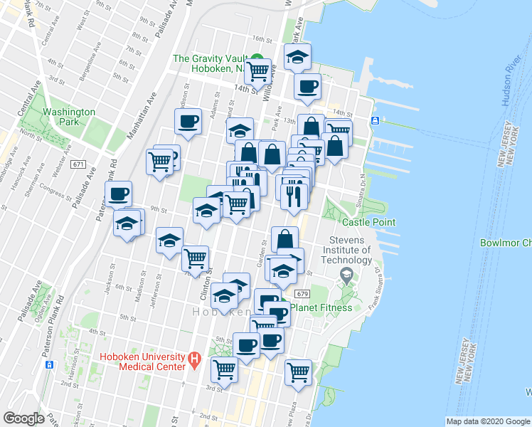 map of restaurants, bars, coffee shops, grocery stores, and more near 1000 Garden Street in Hoboken