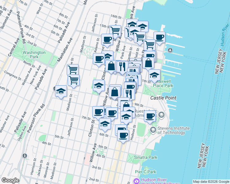map of restaurants, bars, coffee shops, grocery stores, and more near 1000 Garden Street in Hoboken
