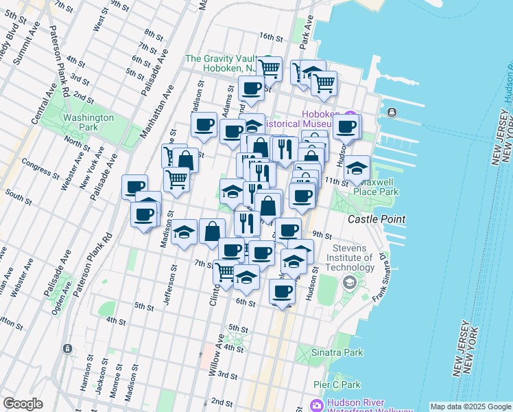 map of restaurants, bars, coffee shops, grocery stores, and more near 933 Willow Avenue in Hoboken