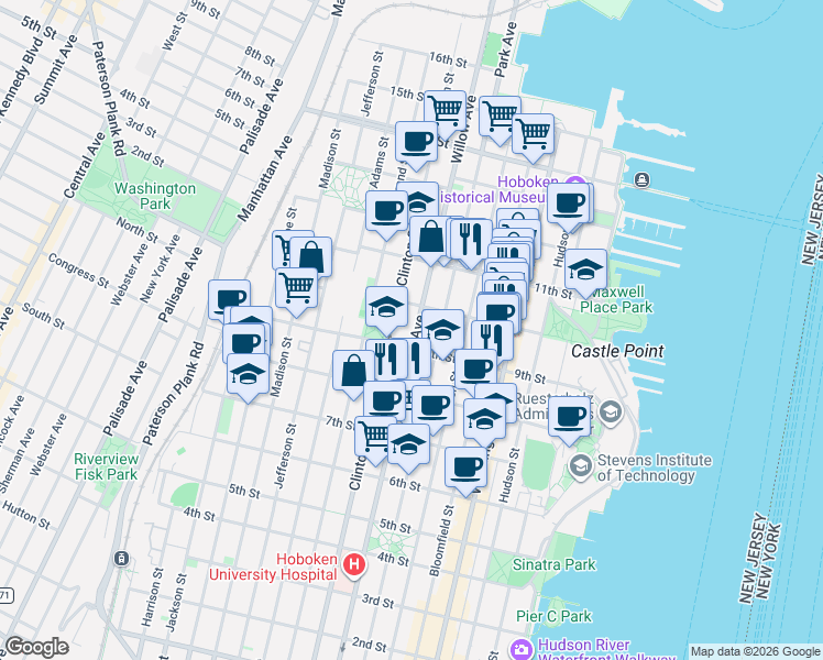 map of restaurants, bars, coffee shops, grocery stores, and more near 933 Willow Avenue in Hoboken