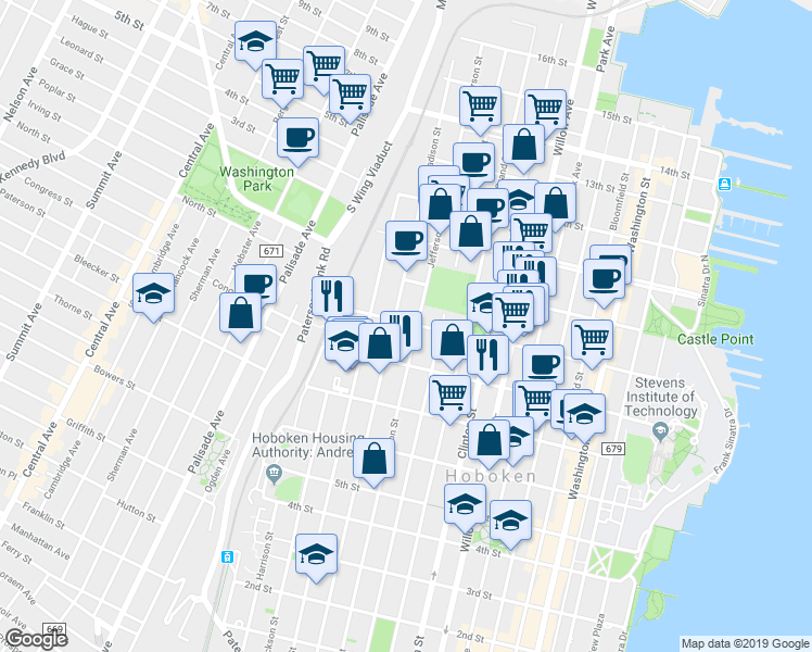 map of restaurants, bars, coffee shops, grocery stores, and more near 915 Madison Street in Hoboken
