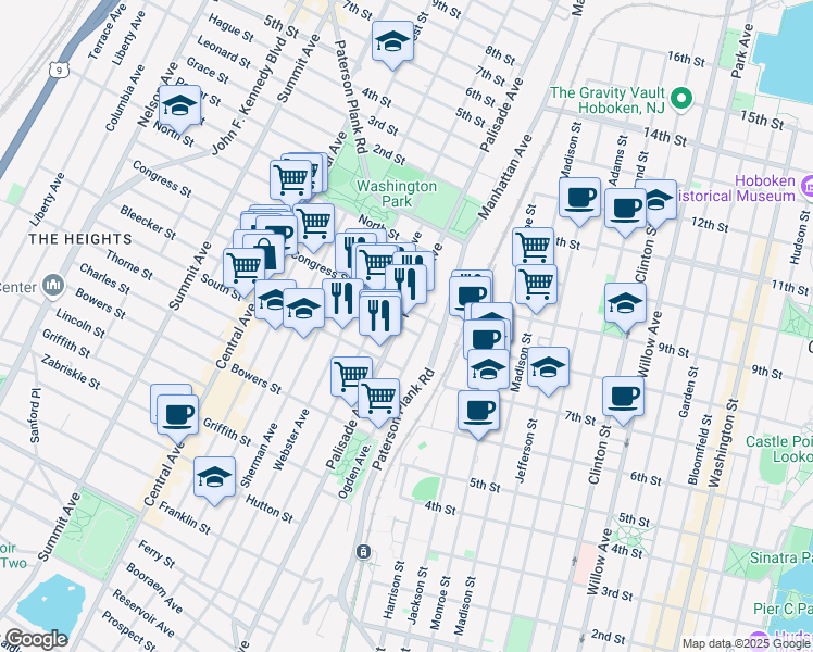 map of restaurants, bars, coffee shops, grocery stores, and more near 45 Congress Street in Jersey City