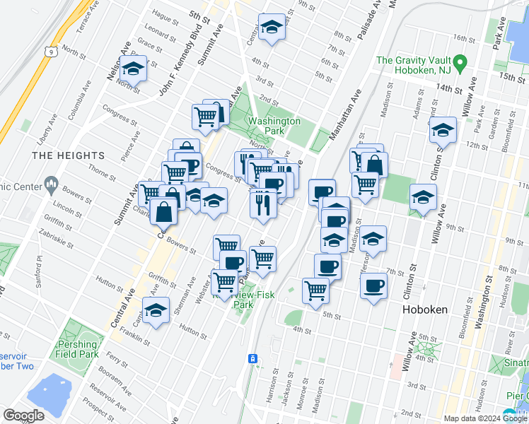 map of restaurants, bars, coffee shops, grocery stores, and more near 45 Congress Street in Jersey City