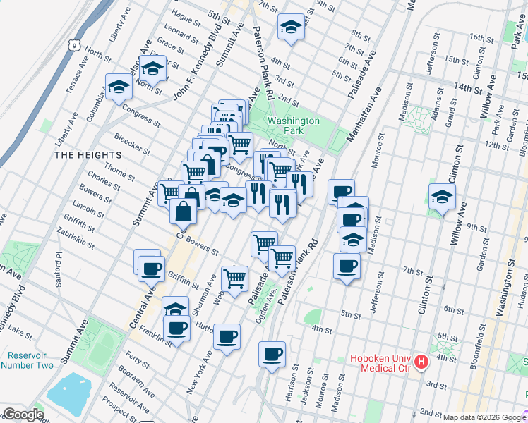map of restaurants, bars, coffee shops, grocery stores, and more near 310 Webster Avenue in Jersey City