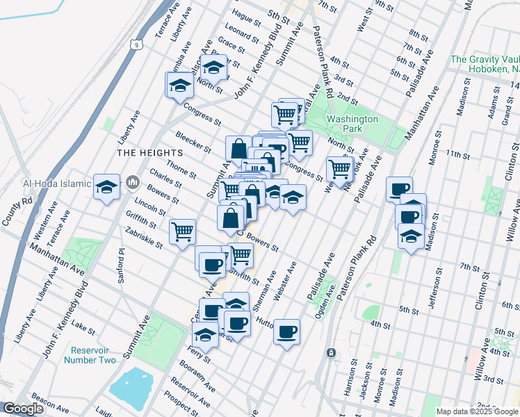map of restaurants, bars, coffee shops, grocery stores, and more near 419 Central Avenue in Jersey City
