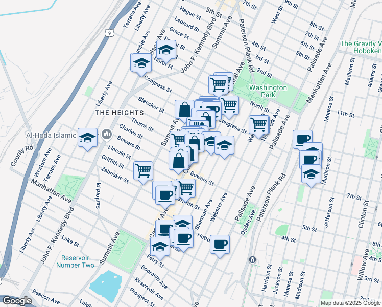 map of restaurants, bars, coffee shops, grocery stores, and more near 419 Central Avenue in Jersey City