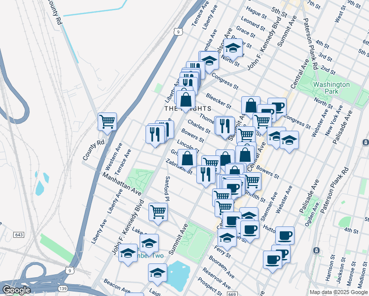 map of restaurants, bars, coffee shops, grocery stores, and more near 3418 John F. Kennedy Boulevard in Jersey City