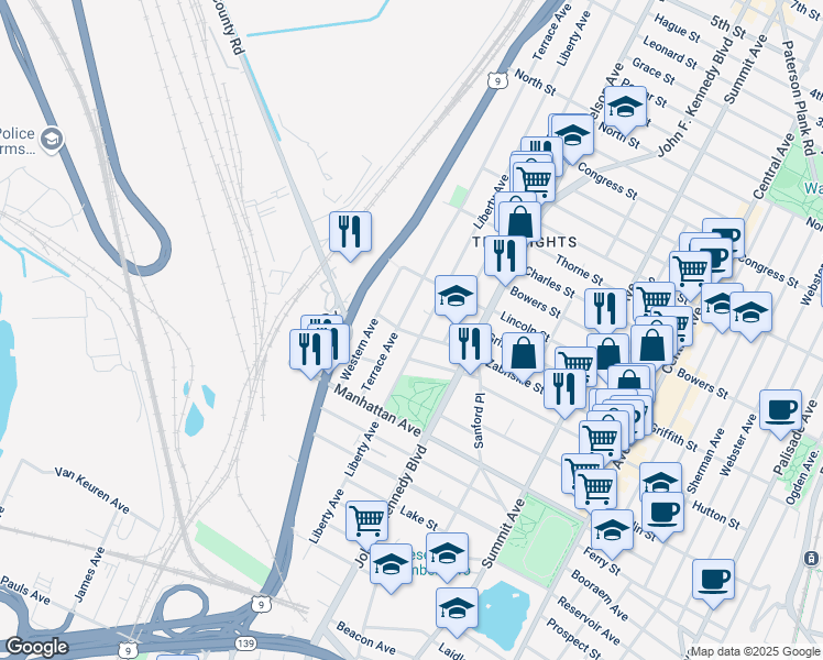 map of restaurants, bars, coffee shops, grocery stores, and more near 353 Liberty Avenue in Jersey City