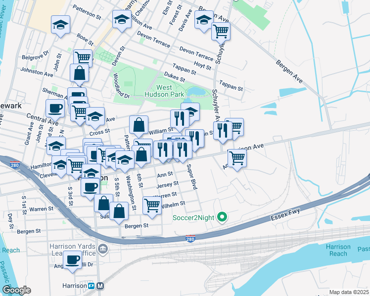 map of restaurants, bars, coffee shops, grocery stores, and more near 801 Hamilton Street in Harrison