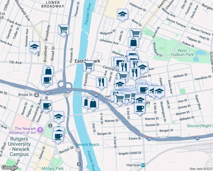 map of restaurants, bars, coffee shops, grocery stores, and more near 126 Grant Avenue in East Newark