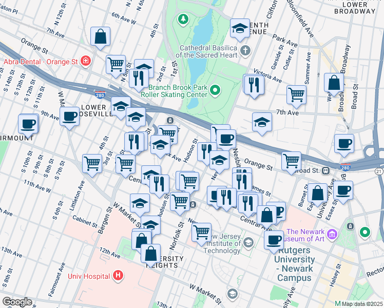 map of restaurants, bars, coffee shops, grocery stores, and more near 2-18 Hudson Street in Newark