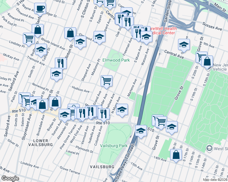 map of restaurants, bars, coffee shops, grocery stores, and more near 37 Chelsea Avenue in East Orange