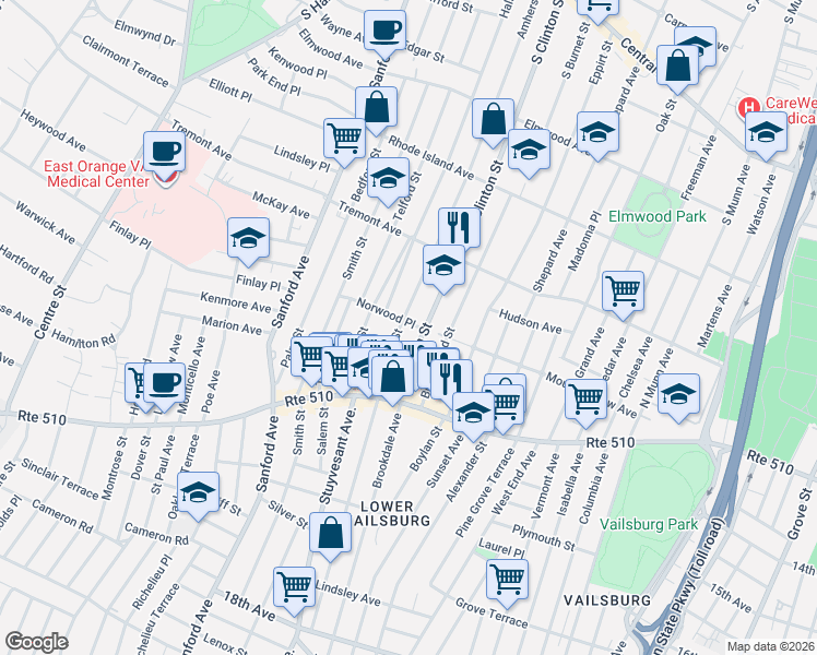 map of restaurants, bars, coffee shops, grocery stores, and more near 507 South Clinton Street in East Orange