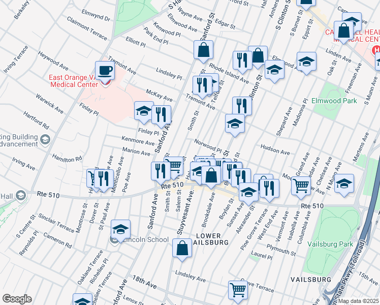 map of restaurants, bars, coffee shops, grocery stores, and more near 80 Telford Street in Newark