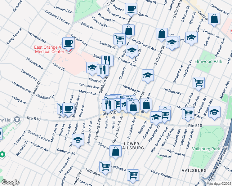 map of restaurants, bars, coffee shops, grocery stores, and more near 80 Telford Street in Newark