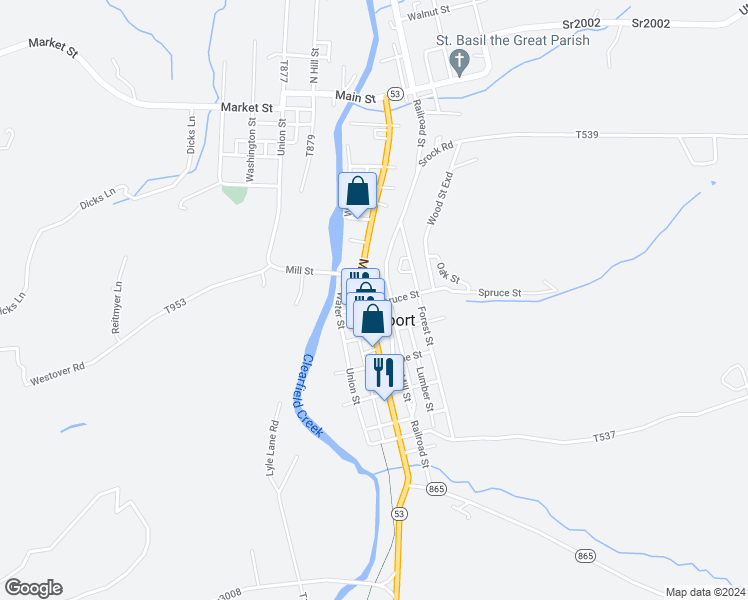 map of restaurants, bars, coffee shops, grocery stores, and more near 947 Main Street in Coalport