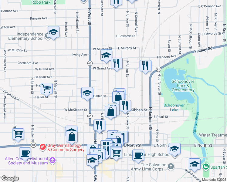 map of restaurants, bars, coffee shops, grocery stores, and more near 735 North Main Street in Lima