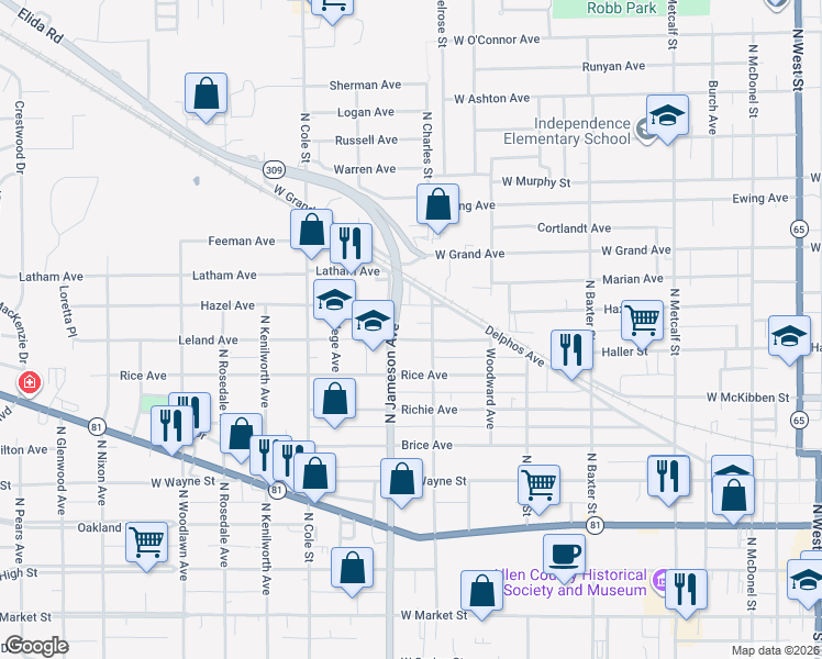 map of restaurants, bars, coffee shops, grocery stores, and more near 815 North Charles Street in Lima