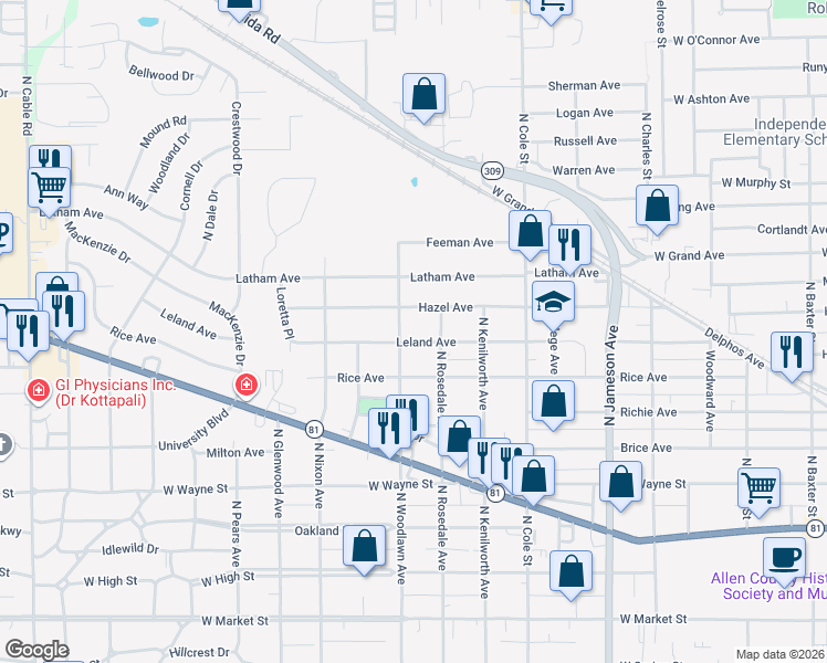 map of restaurants, bars, coffee shops, grocery stores, and more near 1411 Hazel Avenue in Lima