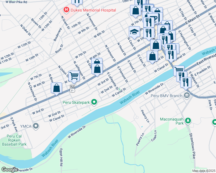 map of restaurants, bars, coffee shops, grocery stores, and more near 54-74 South Lafayette Street in Peru